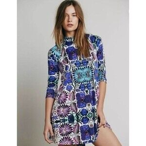 Free People Fiesta Floral Swing Dress Size S Purple Blue 3/4 Sleeve Stretch